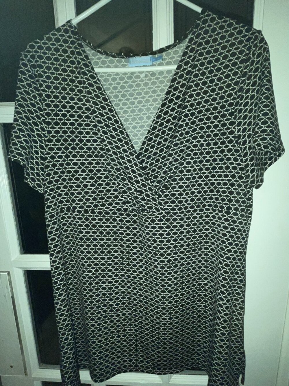 Denver Hayes Black White Geometric Print V-Neck Faux Wrap Empire Waist Top XL